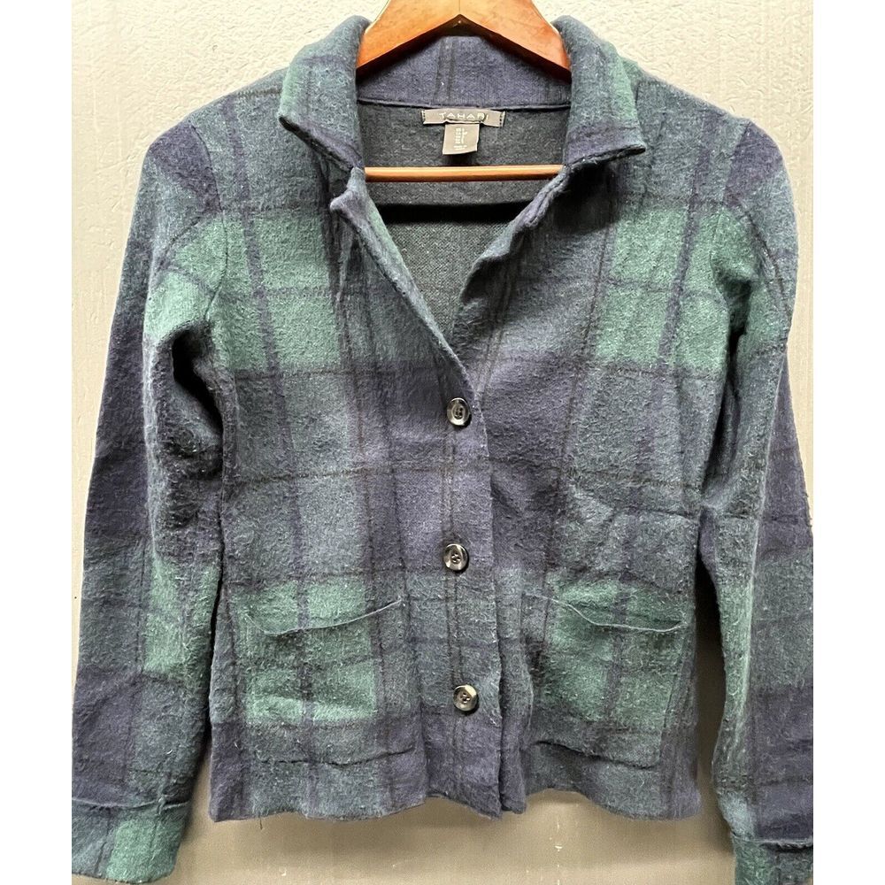 Tahari Blazer Women S Blue Green‎ Plaid Long Sleeve 3 Button Pockets Jacket
